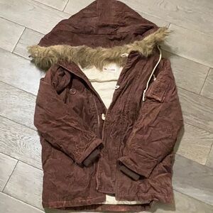 Brown Hooded Jacket with Faux Fur Trim
